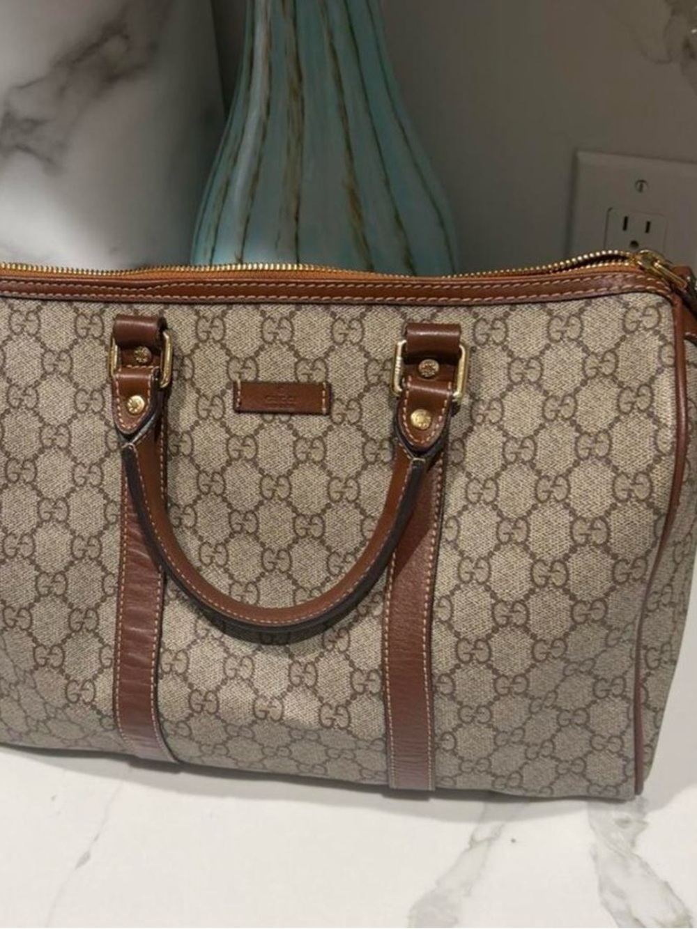 Gucci Beige GG Monogram Canvas Satchel with Brown Leather Trim